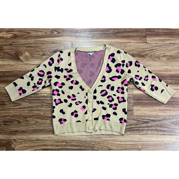 Charlotte Russe Cheetah Leopard Print Cardigan Sweater Button Up Sz M Tan Pink - Picture 1 of 9